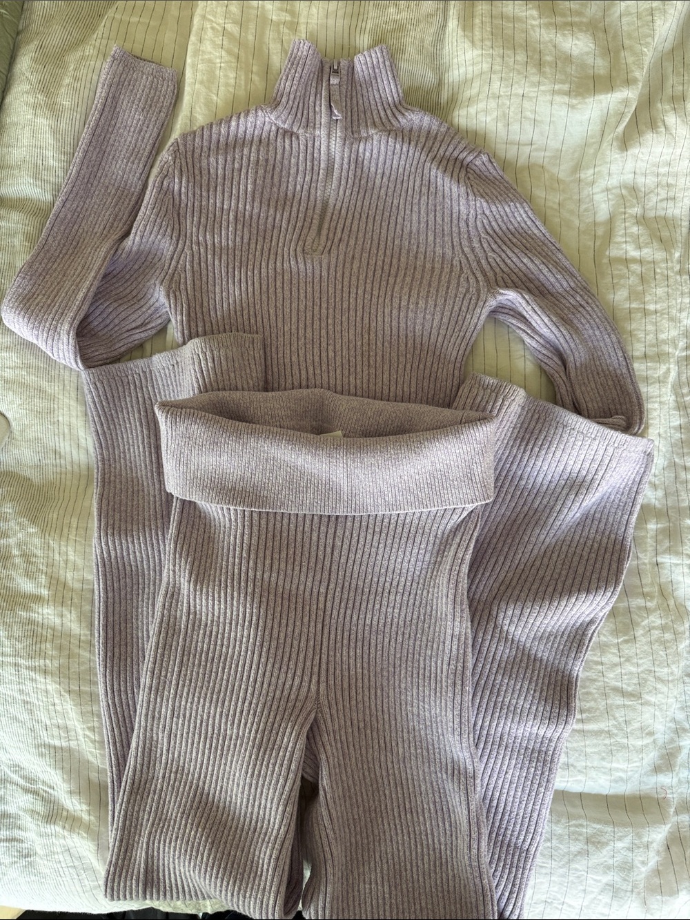 Ribbed Half-Zip Sweater & High-Waist Ribbed Pants Set - Lavender